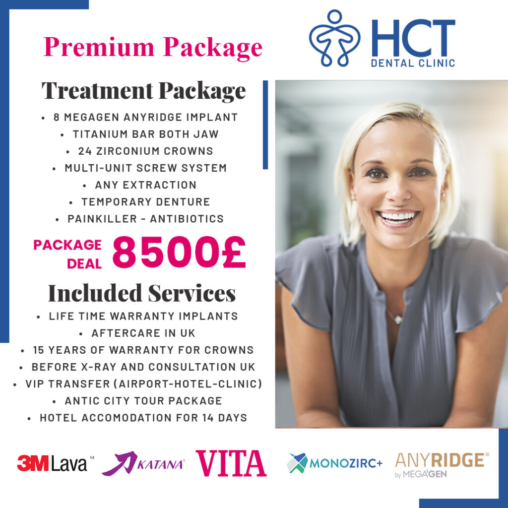 All-on-8 package deal in Antalya, Turkey, with Megagen implants, 24 crowns, hotel stay, airport transfers, temporary denture, free city tour, and painkillers.